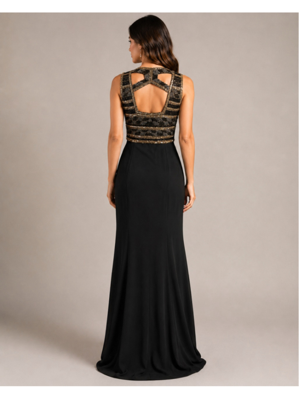 Adrianna Papell Black Gold Beaded Sequin Open Back Evening Gown Size 8 - Picture 2 of 9